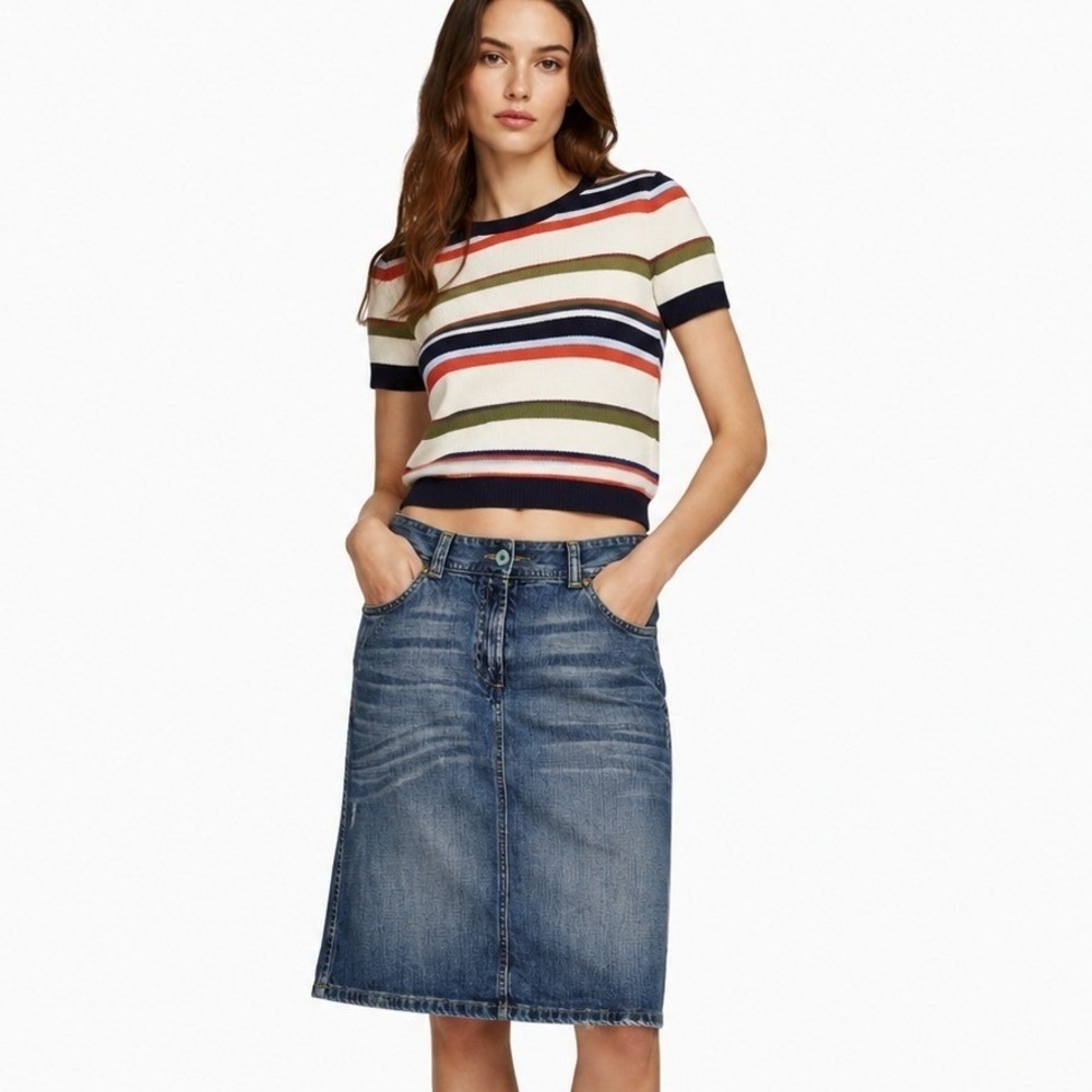 Vtg United Colors of Benetton Denim Skirt Blue Distressed Cotton Size 4